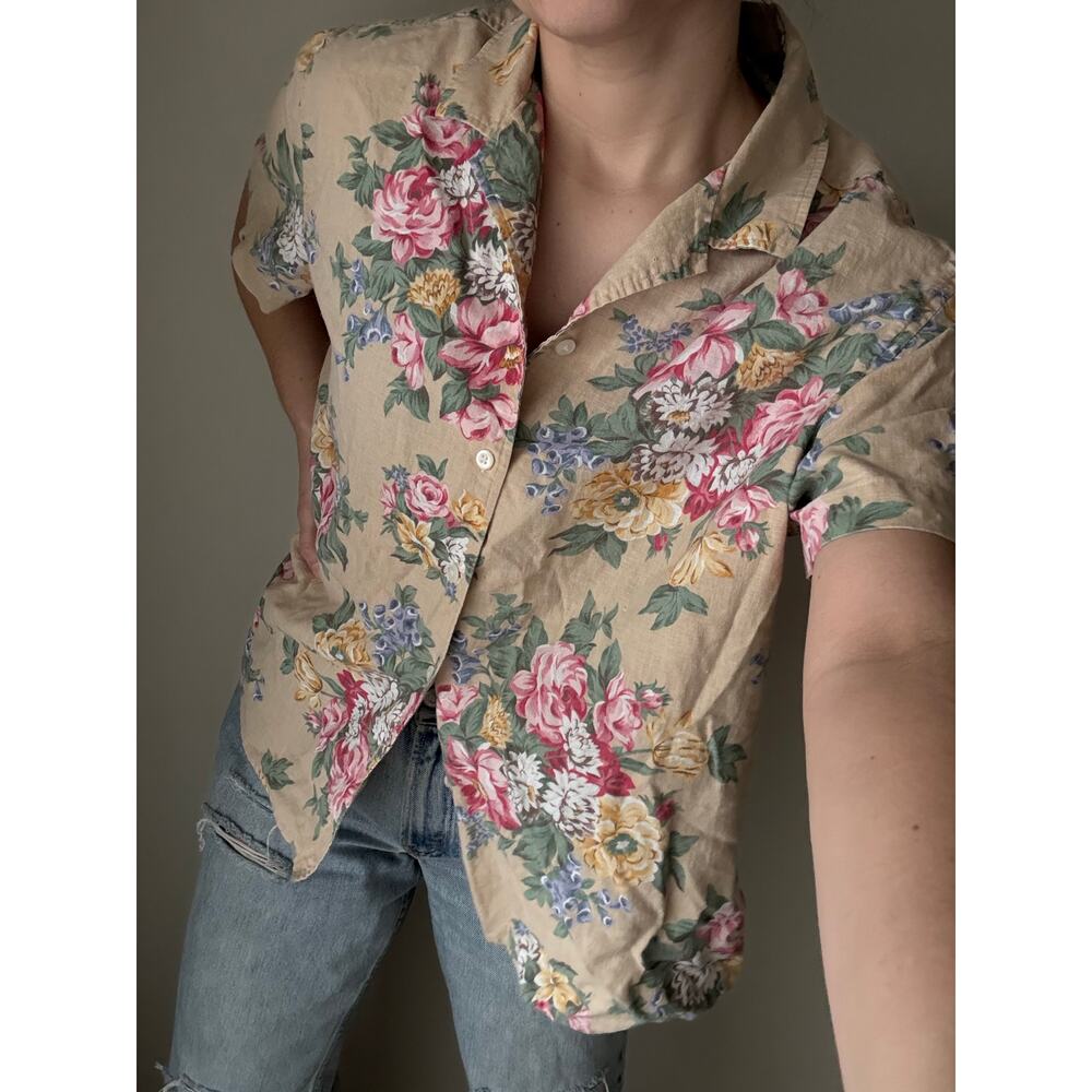 vtg 90s Jones New York linen Floral Button up coastal grandma vacation resort